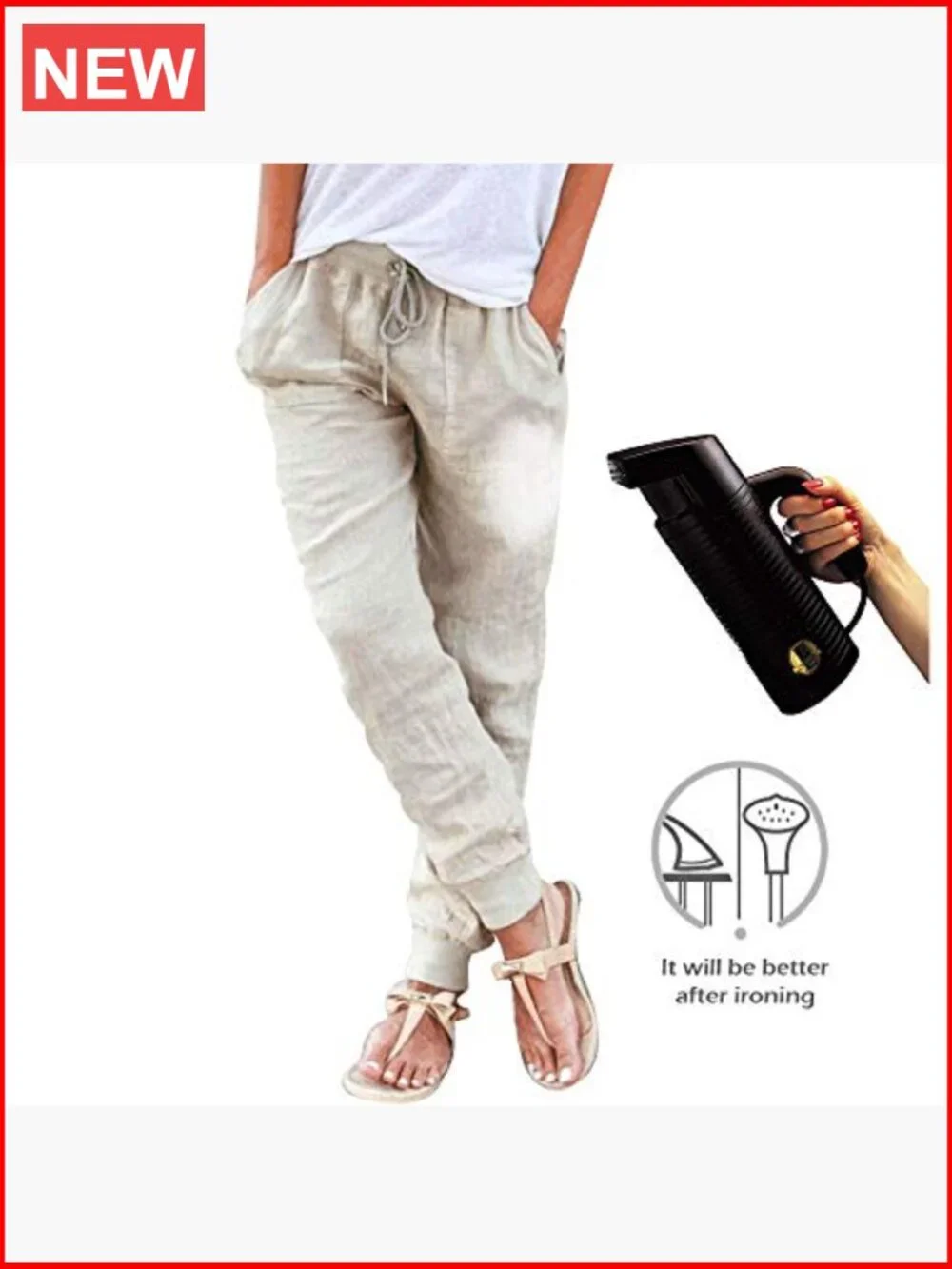 Cotton Linen Tapered Pants Drawstring Elastic Waist Casual Trousers with Pockets
